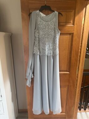 J Kara Light Gray Beaded Maxi Dress with Chiffon Drape